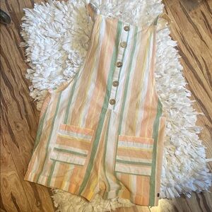 ROXY Striped Pastel Linen Cotton Blend Button-Up Romper sz M
